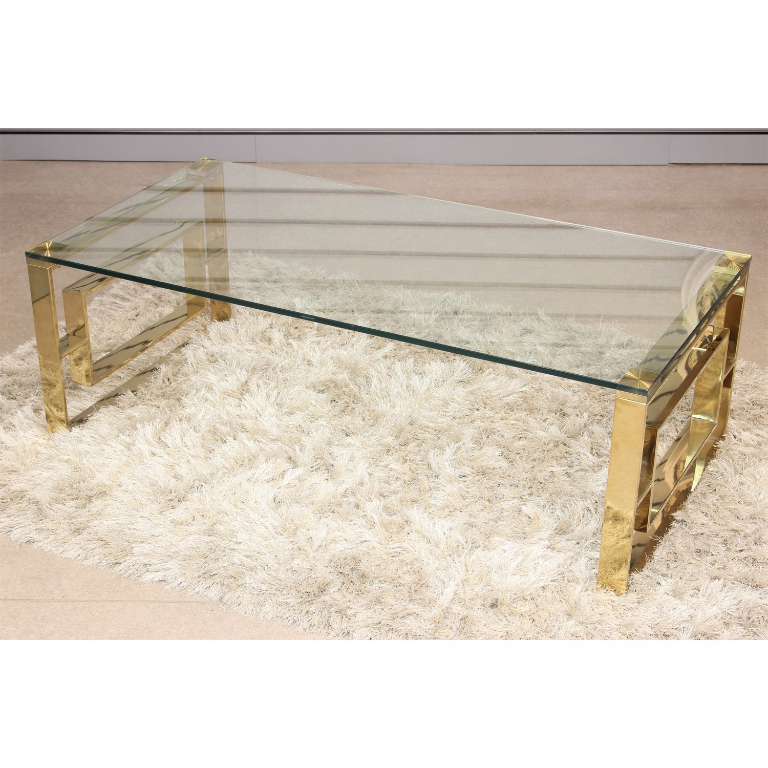 Gold Glass Coffee Table Rectangle Elena Polished Gold Geometric Glass